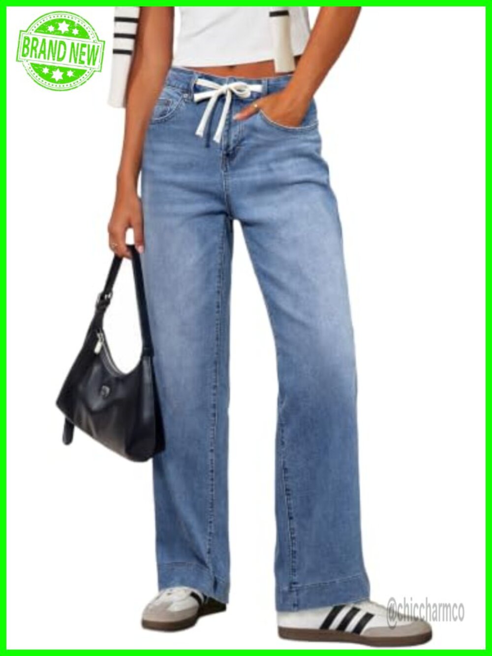 High Waisted Straight Leg Jeans Drawstring Wide Leg Cotton Blend Denim Pants